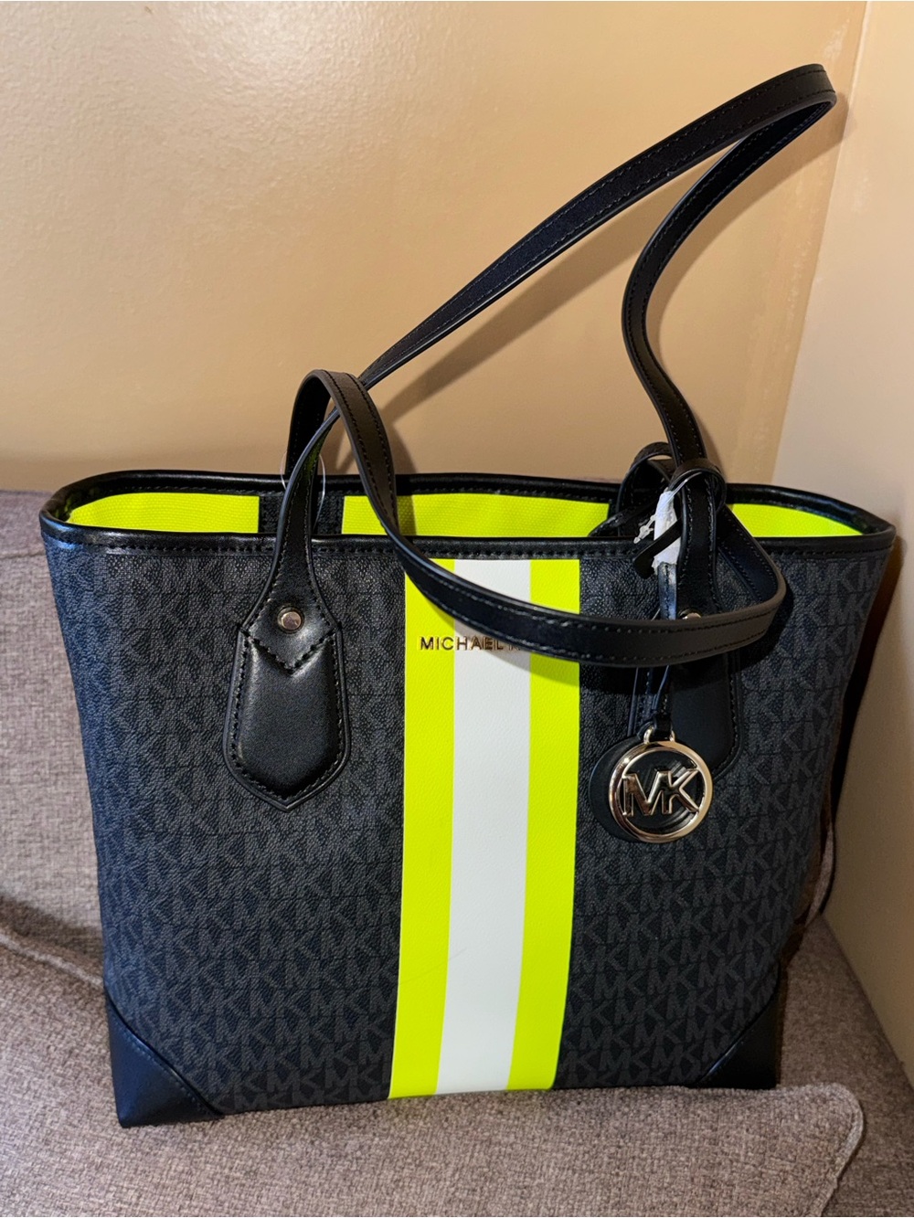 Michael Kors Black MK Signature Tote with Neon Yellow and White Stripe